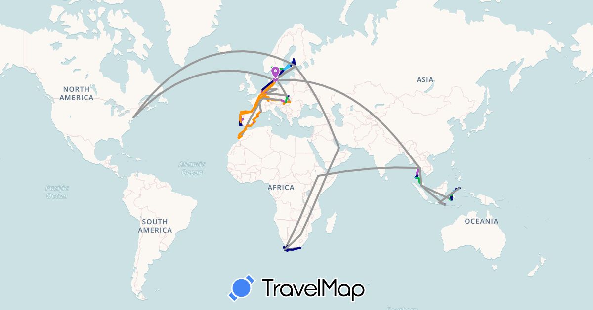 TravelMap itinerary: driving, bus, plane, train, hiking, boat, hitchhiking in Austria, Belgium, Germany, Denmark, Spain, Ethiopia, Finland, France, Gibraltar, Hungary, Indonesia, Luxembourg, Morocco, Malaysia, Netherlands, Norway, Poland, Portugal, Qatar, Sweden, Thailand, United States, South Africa (Africa, Asia, Europe, North America)